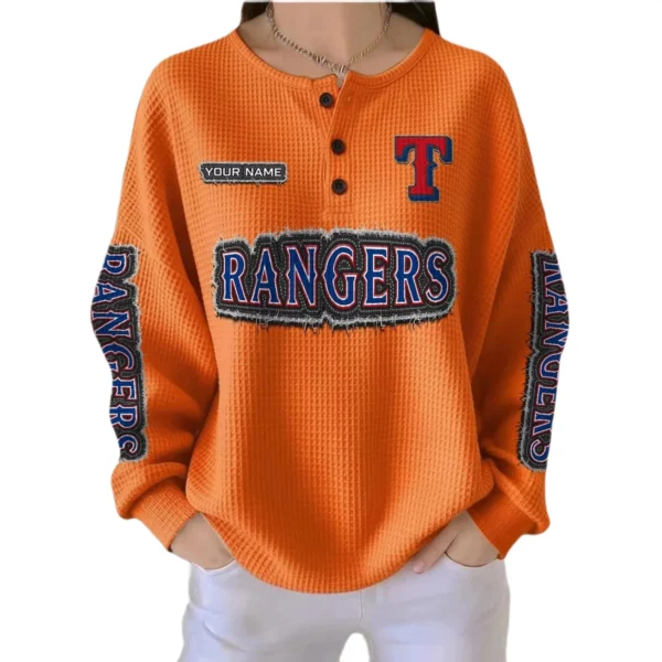 Texas Rangers Women’s Waffle Knit Button-Front Long Sleeve Shirt New 2026 Personalize Name