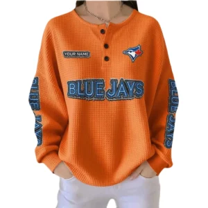 Toronto Blue Jays Women’s Waffle Knit Button-Front Long Sleeve Shirt New 2026 Personalize Name