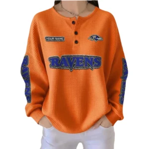 Baltimore Ravens Women’s Waffle Knit Button-Front Long Sleeve Shirt New 2026 Personalize Name