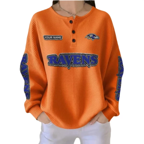 Baltimore Ravens Women’s Waffle Knit Button-Front Long Sleeve Shirt New 2026 Personalize Name
