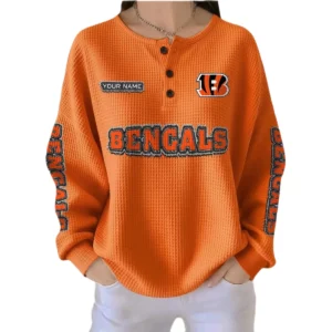 Cincinnati Bengals Women’s Waffle Knit Button-Front Long Sleeve Shirt New 2026 Personalize Name