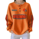 Cleveland Browns Women’s Waffle Knit Button-Front Long Sleeve Shirt New 2026 Personalize Name