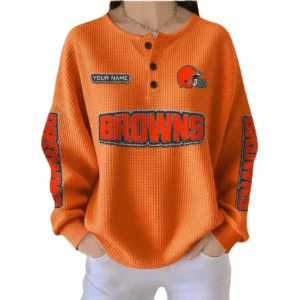 Cleveland Browns Women’s Waffle Knit Button-Front Long Sleeve Shirt New 2026 Personalize Name