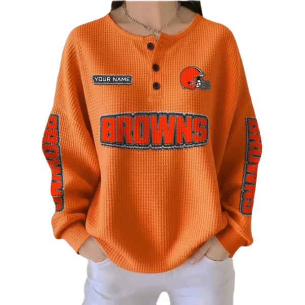 Cleveland Browns Women’s Waffle Knit Button-Front Long Sleeve Shirt New 2026 Personalize Name