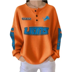 Detroit Lions Women’s Waffle Knit Button-Front Long Sleeve Shirt New 2026 Personalize Name