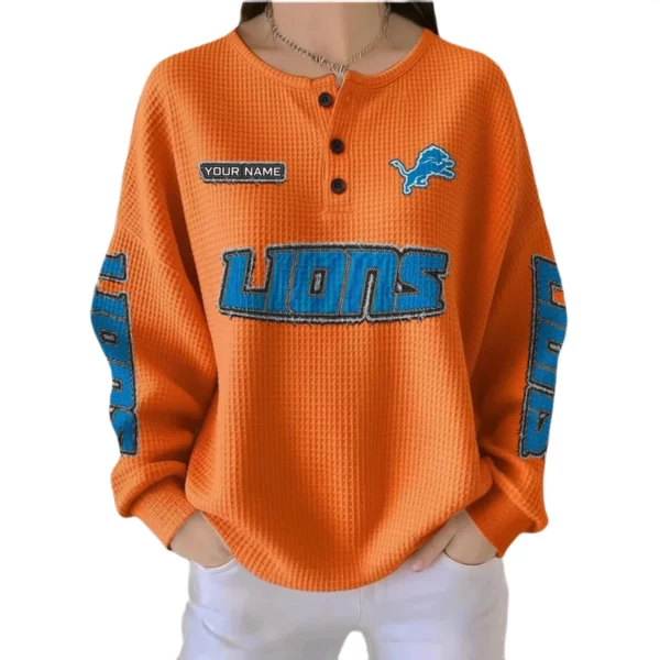 Detroit Lions Women’s Waffle Knit Button-Front Long Sleeve Shirt New 2026 Personalize Name