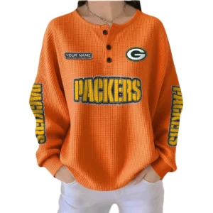 Green Bay Packers Women’s Waffle Knit Button-Front Long Sleeve Shirt New 2026 Personalize Name