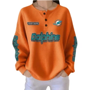 Miami Dolphins Women’s Waffle Knit Button-Front Long Sleeve Shirt New 2026 Personalize Name