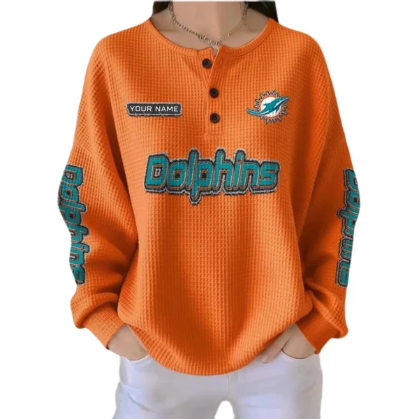 Miami Dolphins Women’s Waffle Knit Button-Front Long Sleeve Shirt New 2026 Personalize Name