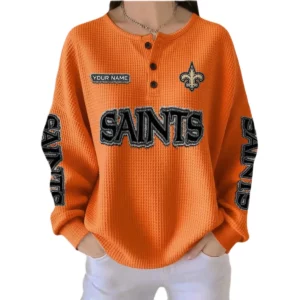 New Orleans Saints Women’s Waffle Knit Button-Front Long Sleeve Shirt New 2026 Personalize Name