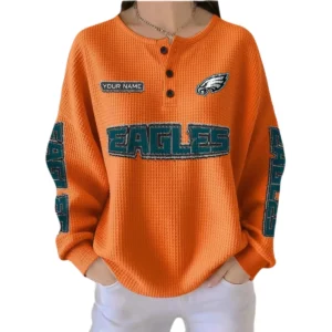 Philadelphia Eagles Women’s Waffle Knit Button-Front Long Sleeve Shirt New 2026 Personalize Name