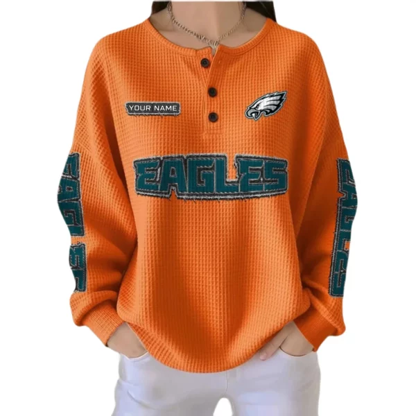 Philadelphia Eagles Women’s Waffle Knit Button-Front Long Sleeve Shirt New 2026 Personalize Name