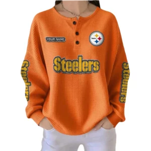 Pittsburgh Steelers Women’s Waffle Knit Button-Front Long Sleeve Shirt New 2026 Personalize Name