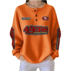 San Francisco 49ers Women’s Waffle Knit Button-Front Long Sleeve Shirt New 2026 Personalize Name