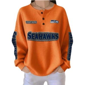 Seattle Seahawks Women’s Waffle Knit Button-Front Long Sleeve Shirt New 2026 Personalize Name