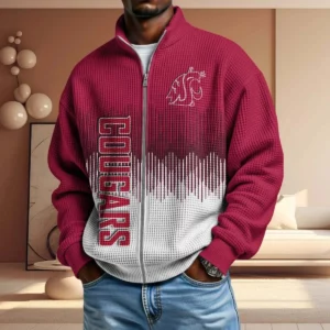 Washington State Cougars Men’s Full Zip Waffle Knit Long Sleeve Sweatshirt Limited